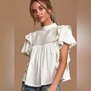 Free People Le Femme Ruffle Top Boho White Crochet Coquette Victorian Dainty